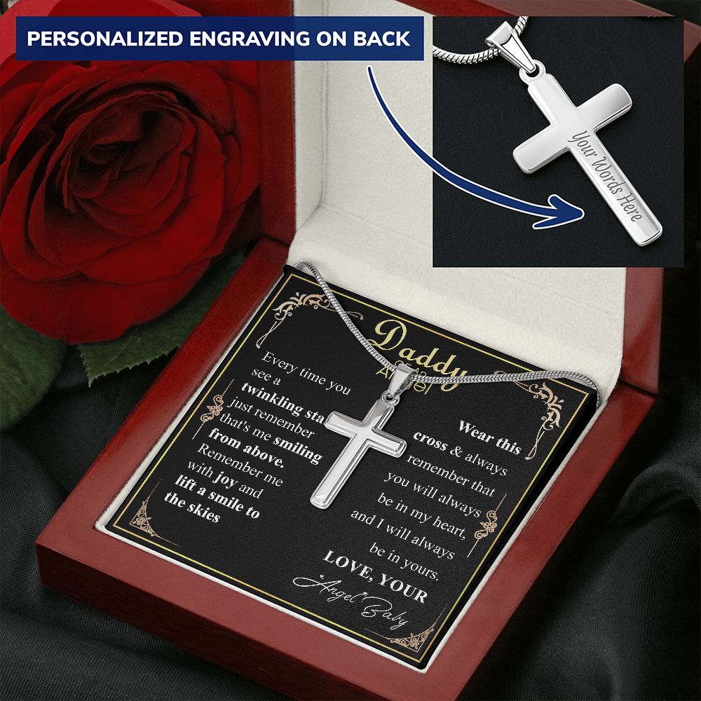 Personalized Miscarriage Baby Cross Necklace for Dad From Baby, Fathers Day Gift Necklace, Baby Loss message Card Gift, Wife Pregnancy Loss w/ engraving