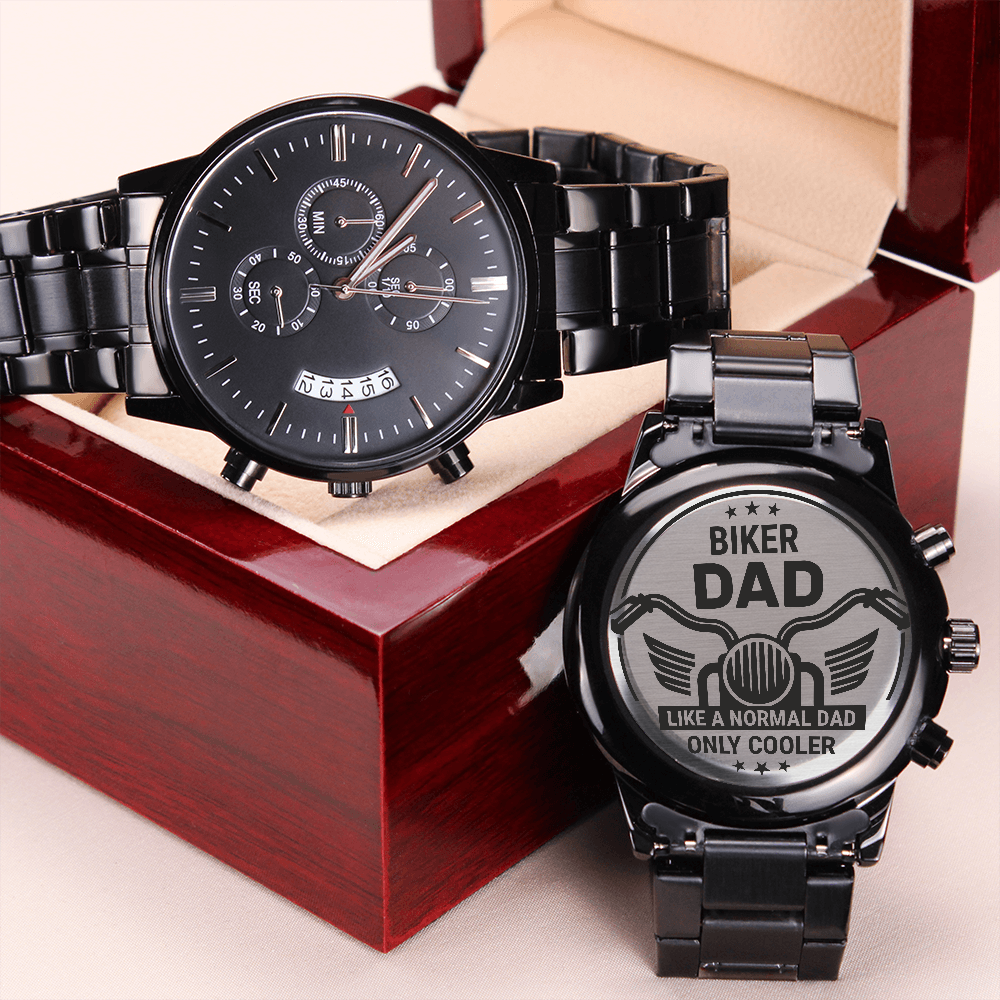 To My Biker Dad's gift, Engraved Watch, Free Engraving Custom Dad Black Chronograph Watch, Bonus Dad Watches Gift for Men