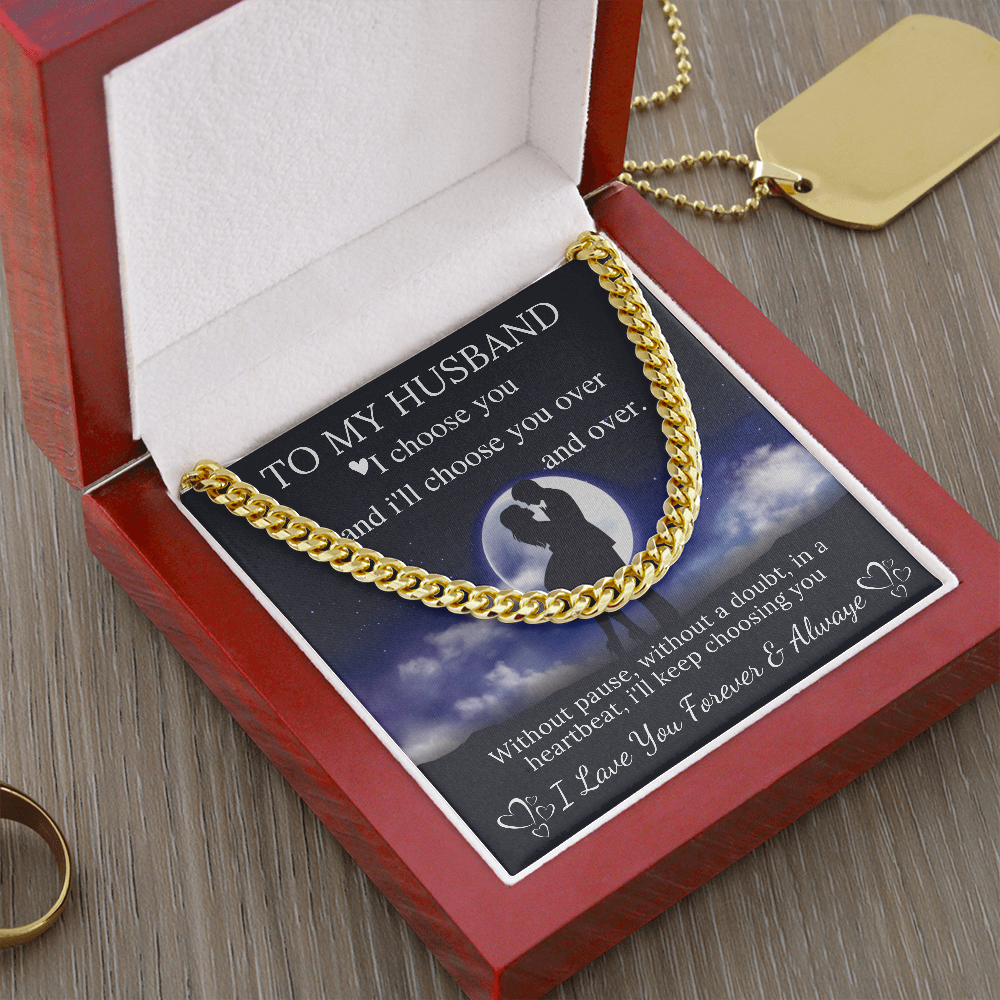 MJG Chain Necklace Gift For Husband Valentines Day Gifts For Him From Wife To My Husband Present 1st, 2nd, 10th Wedding Anniversary Chain Necklace with Message Card Stainless Steel with Mahogany Luxury Box