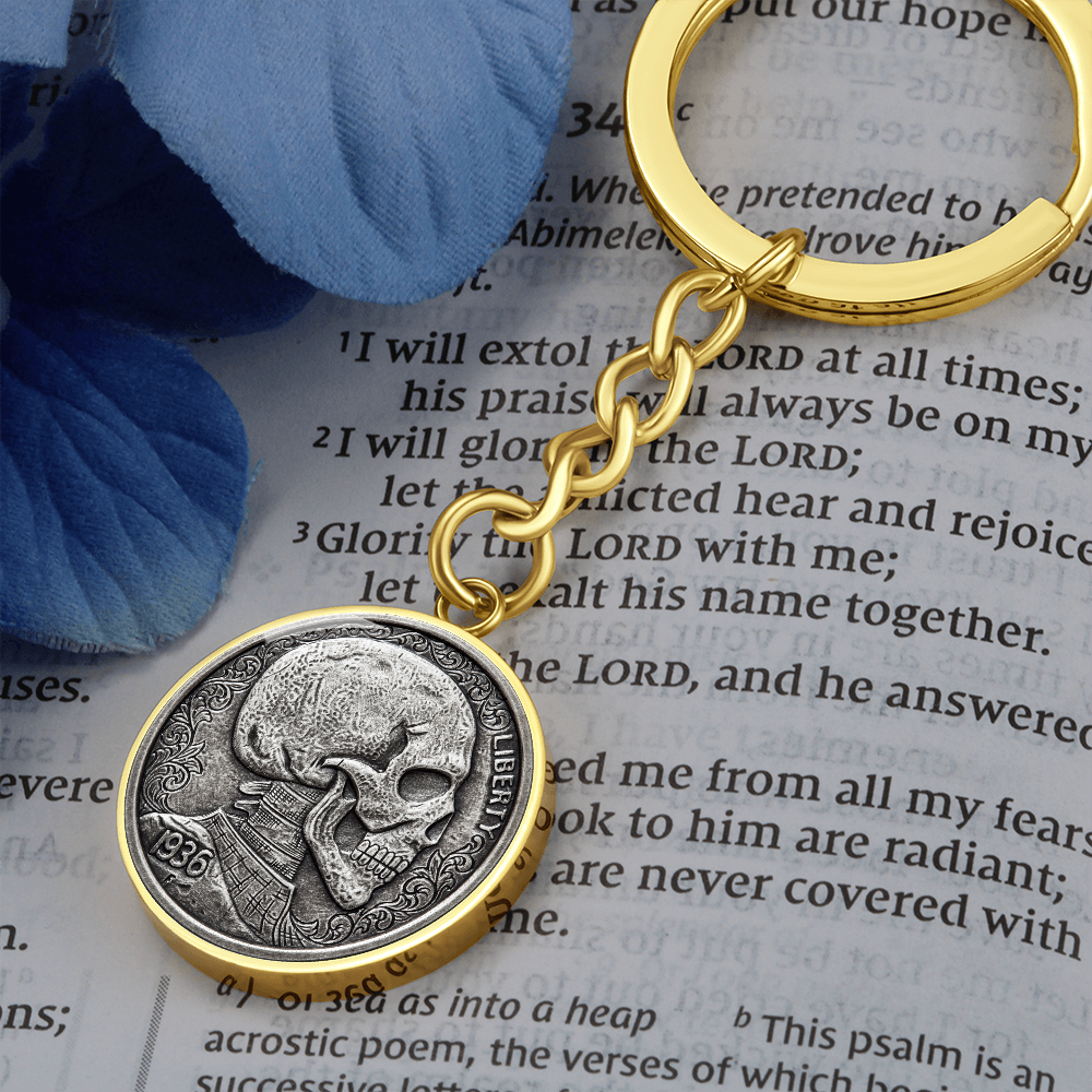 Skull Keychain, Vintage Skull Keychain, Skull Coin Design Keyring, Personalized Skull Keychain, Custom Devil Key Chain, Stamped Skull #0925