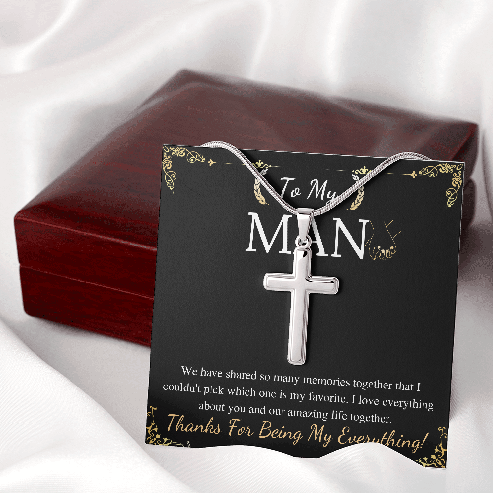 MJG To My Man Cross Necklace Gift For Boyfriend / Husband Valentines Day Gift For Him From Girlfriend BF Present On Anniversary & Birthday Stainless Steel Snake Chain Cross Necklace with Message Card
