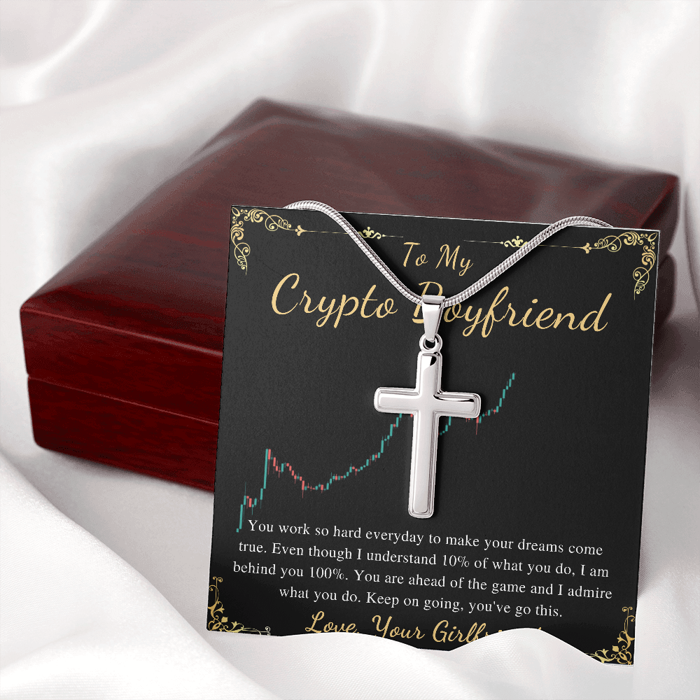 MJG Cross Necklace Gift For Crypto Boyfriend Valentines Day Gift For Him From Girlfriend To My Boyfriend Bitcoin Cryptocurrency Present Stainless Steel Snack Chain Cross Necklace with Message Card