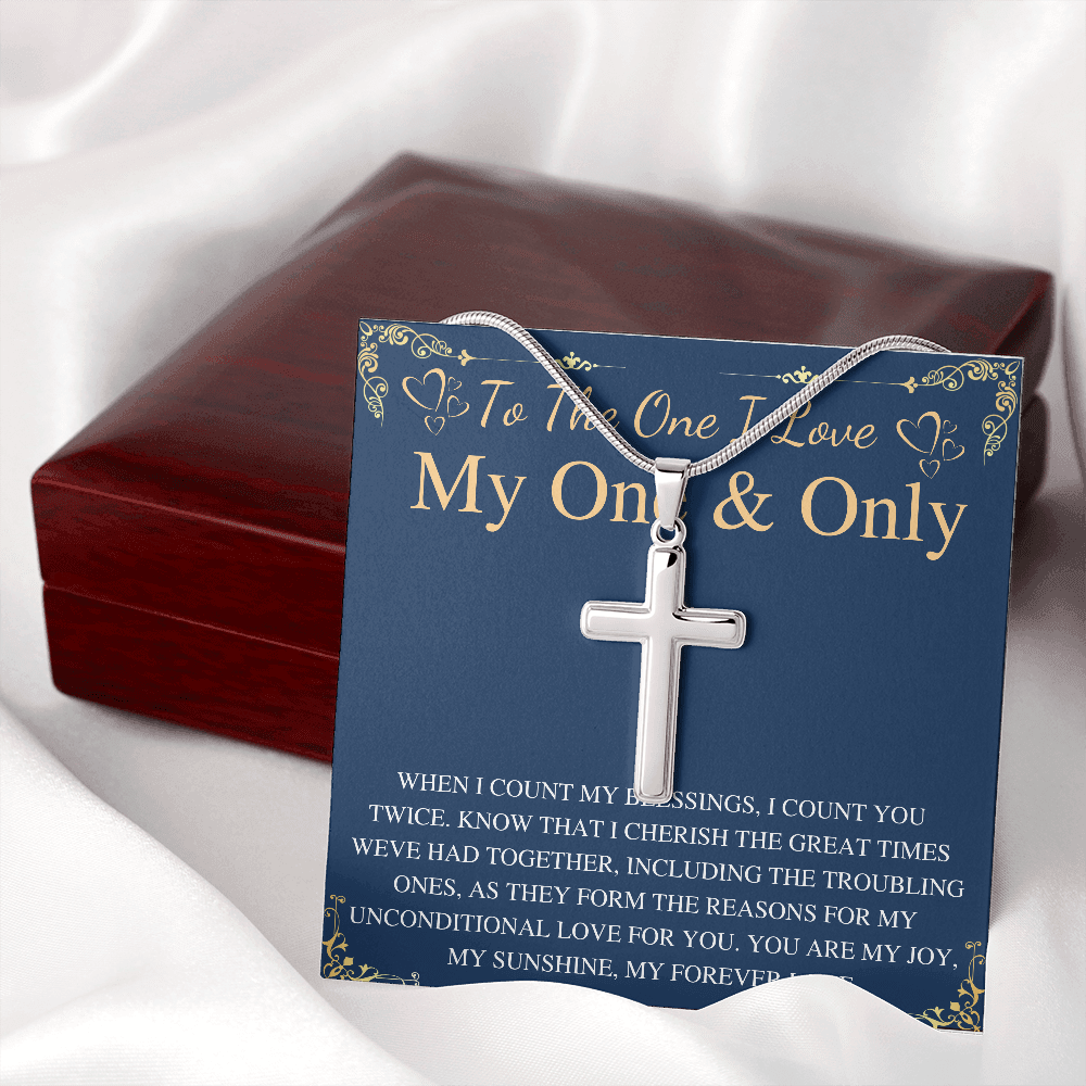MJG Cross Necklace Gift For Boyfriend / Husband Valentines Day Gift For Him From Girlfriend To My One & Only BF Present On Anniversary & Birthday Stainless Steel Snake Chain Cross Necklace with Message Card