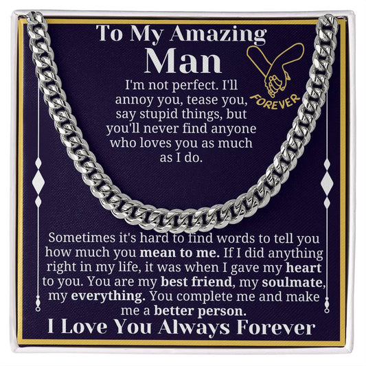 To My Man Necklace, Boyfriend Valentines Day Gift, Mens Cuban Chain Necklace for Fiance, Men Necklaces for Him, Gift For Boyfriend, Husband Gift, Husband Necklace, Boyfriend Necklace, Boyfriend Jewelry