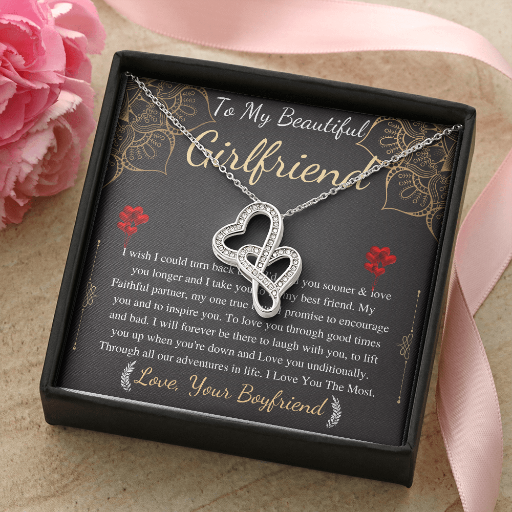 Meaningful Jewelry Gifts Double heart Necklace for Girlfriend from boyfriend On Anniversary with Personalized Message Card