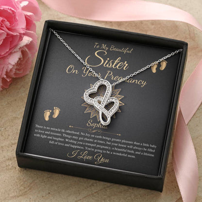 Pregnant Sister Gift For First Time Mom Gift, Pregnancy Necklace For Big Sister Reveal, Congratulations Pregnancy Gift, Double Heart #0215