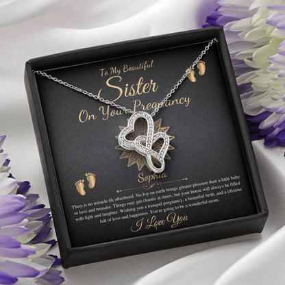 Pregnant Sister Gift For First Time Mom Gift, Pregnancy Necklace For Big Sister Reveal, Congratulations Pregnancy Gift, Double Heart #0215