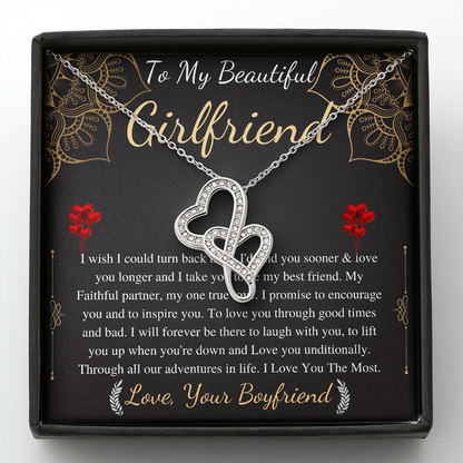 Meaningful Jewelry Gifts Double heart Necklace for Girlfriend from boyfriend On Anniversary with Personalized Message Card