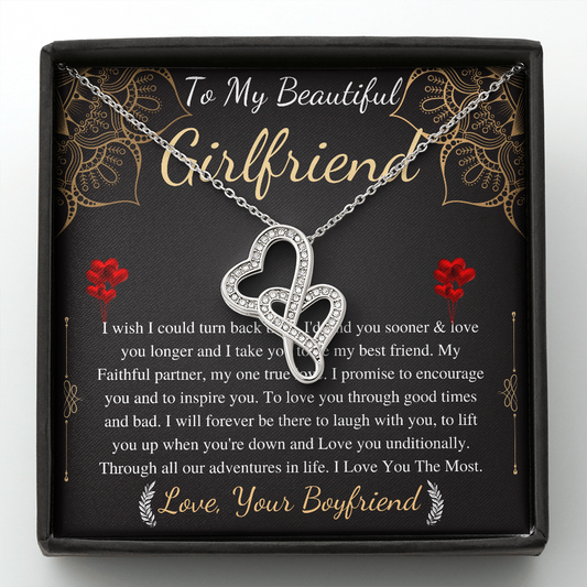 Meaningful Jewelry Gifts Double heart Necklace for Girlfriend from boyfriend On Anniversary with Personalized Message Card