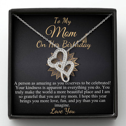 Mom Birthday Necklace Gift, Mom Birthday Jewelry, Mom Necklace or Bracelet, Happy Birthday Mom Present,Message Card Quote,Double Heart #0643