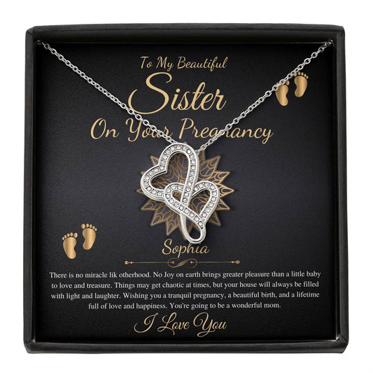 Pregnant Sister Gift For First Time Mom Gift, Pregnancy Necklace For Big Sister Reveal, Congratulations Pregnancy Gift, Double Heart #0215
