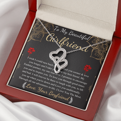 Meaningful Jewelry Gifts Double heart Necklace for Girlfriend from boyfriend On Anniversary with Personalized Message Card