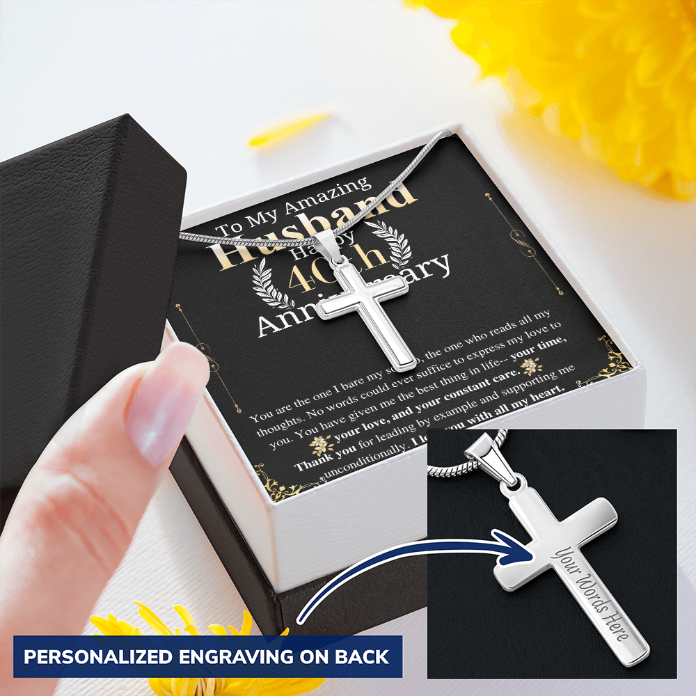 40th Anniversary Gift For Husband from wife Engraved Cross Necklace To my Husband, Husband Anniversary gift from wife, keepsake gift engrave