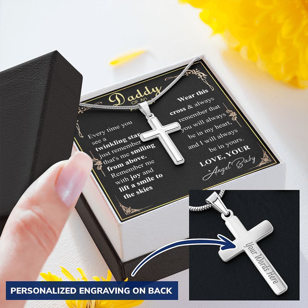 Personalized Miscarriage Baby Cross Necklace for Dad From Baby, Fathers Day Gift Necklace, Baby Loss message Card Gift, Wife Pregnancy Loss w/ engraving