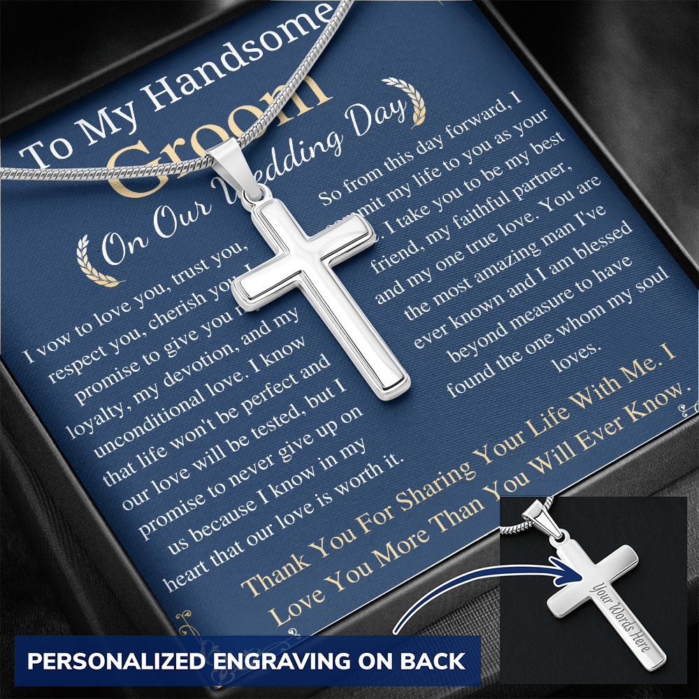 To My Groom On Our Wedding Day, Personalized Gift For Groom, Wedding Gift For My Husband, Cross Necklace For Groom, gift for her w/ engraving
