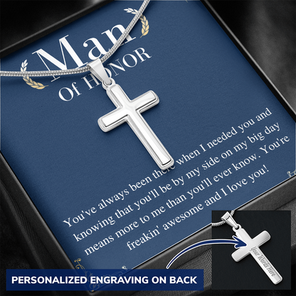 Man of Honor Gift Cross Necklace Personalized Gifts - from groom - wedding day gift for Man of honor - Cross Necklace jewelry Gift for Him