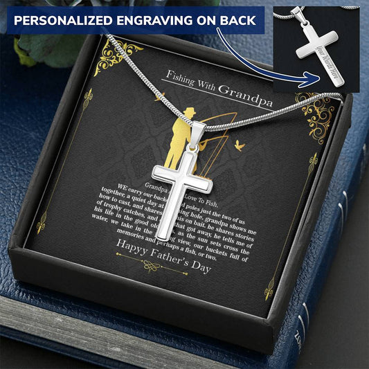 Personalized Silver Cross Necklace For Fishing Grandpa, Father's Day Gift For Grandfather, Gift For Fishing Grandpa, Gift For Grandpa #0013