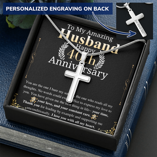 40th Anniversary Gift For Husband from wife Engraved Cross Necklace To my Husband, Husband Anniversary gift from wife, keepsake gift engrave