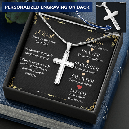 Birthday Gift For Him Men's Engraved Cross Pendant Necklace Men Birthday Jewelry Man Boyfriend Husband Son Fathers Gifts