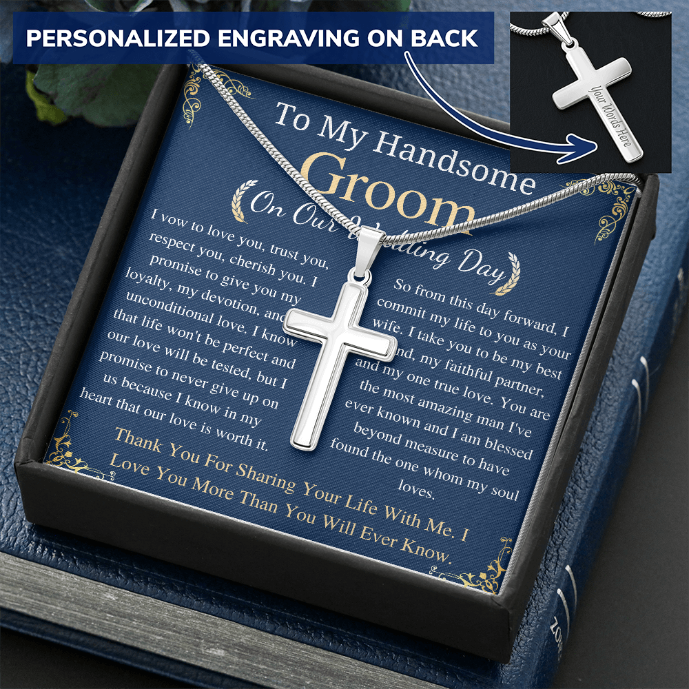To My Groom On Our Wedding Day, Personalized Gift For Groom, Wedding Gift For My Husband, Cross Necklace For Groom, gift for her w/ engraving