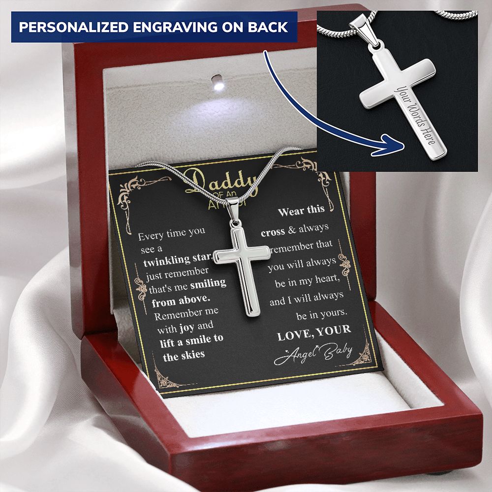 Personalized Miscarriage Baby Cross Necklace for Dad From Baby, Fathers Day Gift Necklace, Baby Loss message Card Gift, Wife Pregnancy Loss w/ engraving