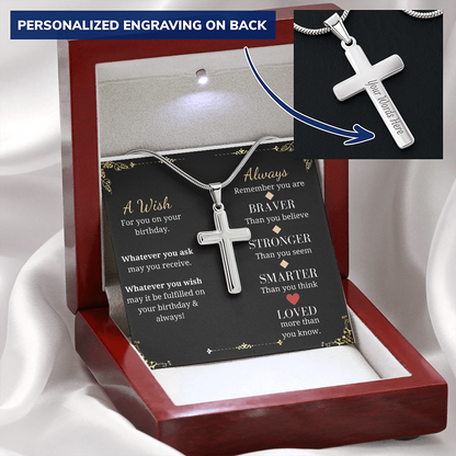 Birthday Gift For Him Men's Engraved Cross Pendant Necklace Men Birthday Jewelry Man Boyfriend Husband Son Fathers Gifts