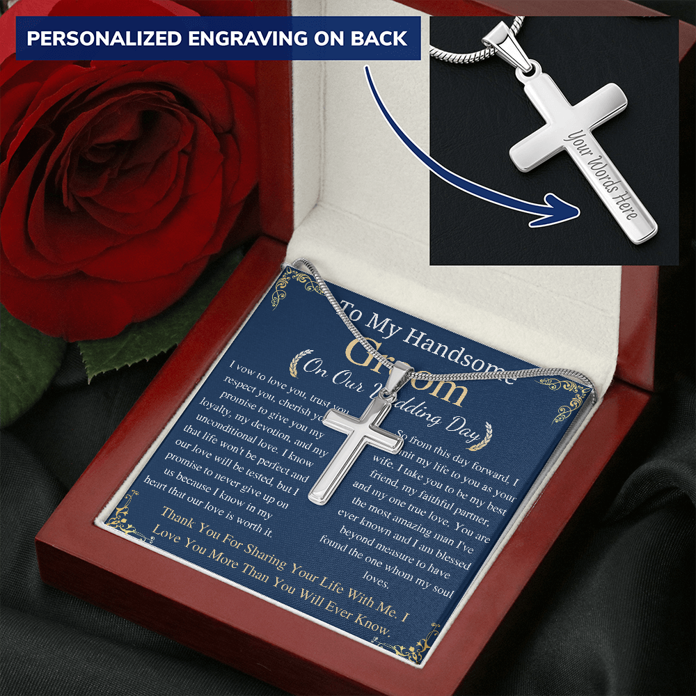 To My Groom On Our Wedding Day, Personalized Gift For Groom, Wedding Gift For My Husband, Cross Necklace For Groom, gift for her w/ engraving