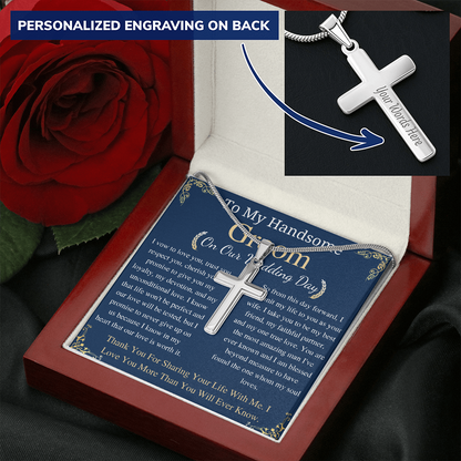 To My Groom On Our Wedding Day, Personalized Gift For Groom, Wedding Gift For My Husband, Cross Necklace For Groom, gift for her w/ engraving