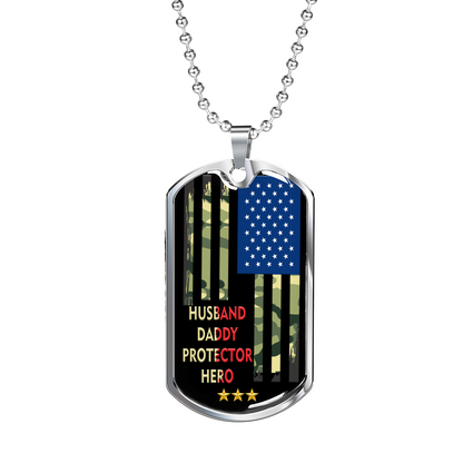 Husband Daddy Protector Hero Camo Flag Personalized Dogtag Necklace, Proud Army Dad/Husband Gift, Military Dad Gift, Father's Day Gift #0019