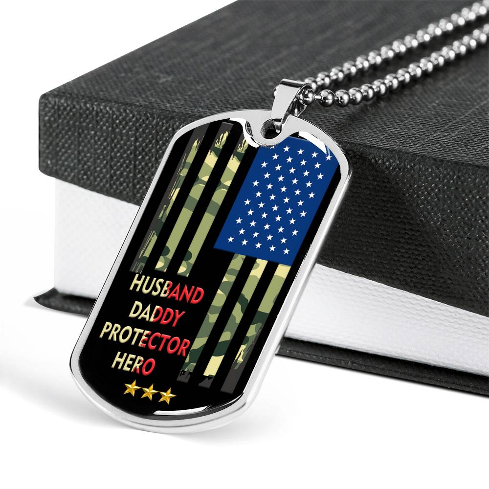 Husband Daddy Protector Hero Camo Flag Personalized Dogtag Necklace, Proud Army Dad/Husband Gift, Military Dad Gift, Father's Day Gift #0019