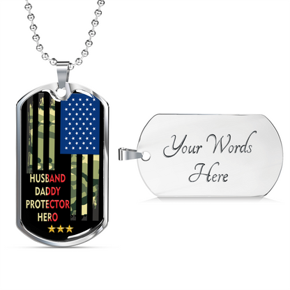 Husband Daddy Protector Hero Camo Flag Personalized Dogtag Necklace, Proud Army Dad/Husband Gift, Military Dad Gift, Father's Day Gift #0019