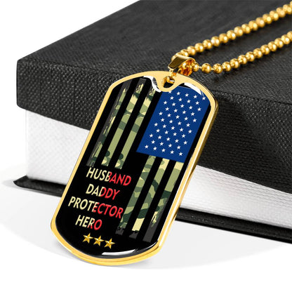 Husband Daddy Protector Hero Camo Flag Personalized Dogtag Necklace, Proud Army Dad/Husband Gift, Military Dad Gift, Father's Day Gift #0019