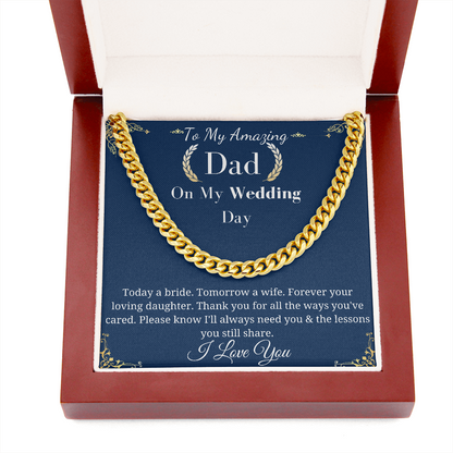 Father of the Bride Necklace Gift from Daughter, Wedding Day Gift for Dad Cuban Link Chain Necklace, Sentimental Keepsake, Bridal Party W001