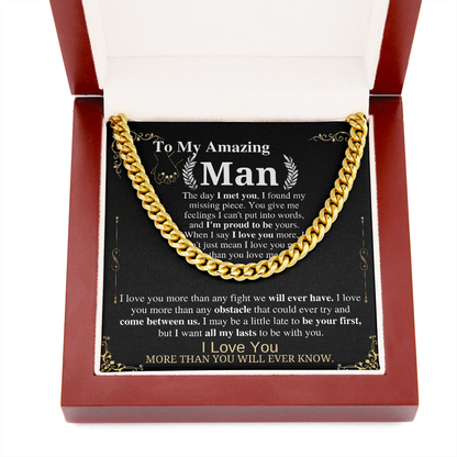 To My Man Cuban Chain Necklace for Him, Romantic Birthday Gifts for Him Christmas, Best Jewelry for Men, Jewelry for Him Romantic, To My Man