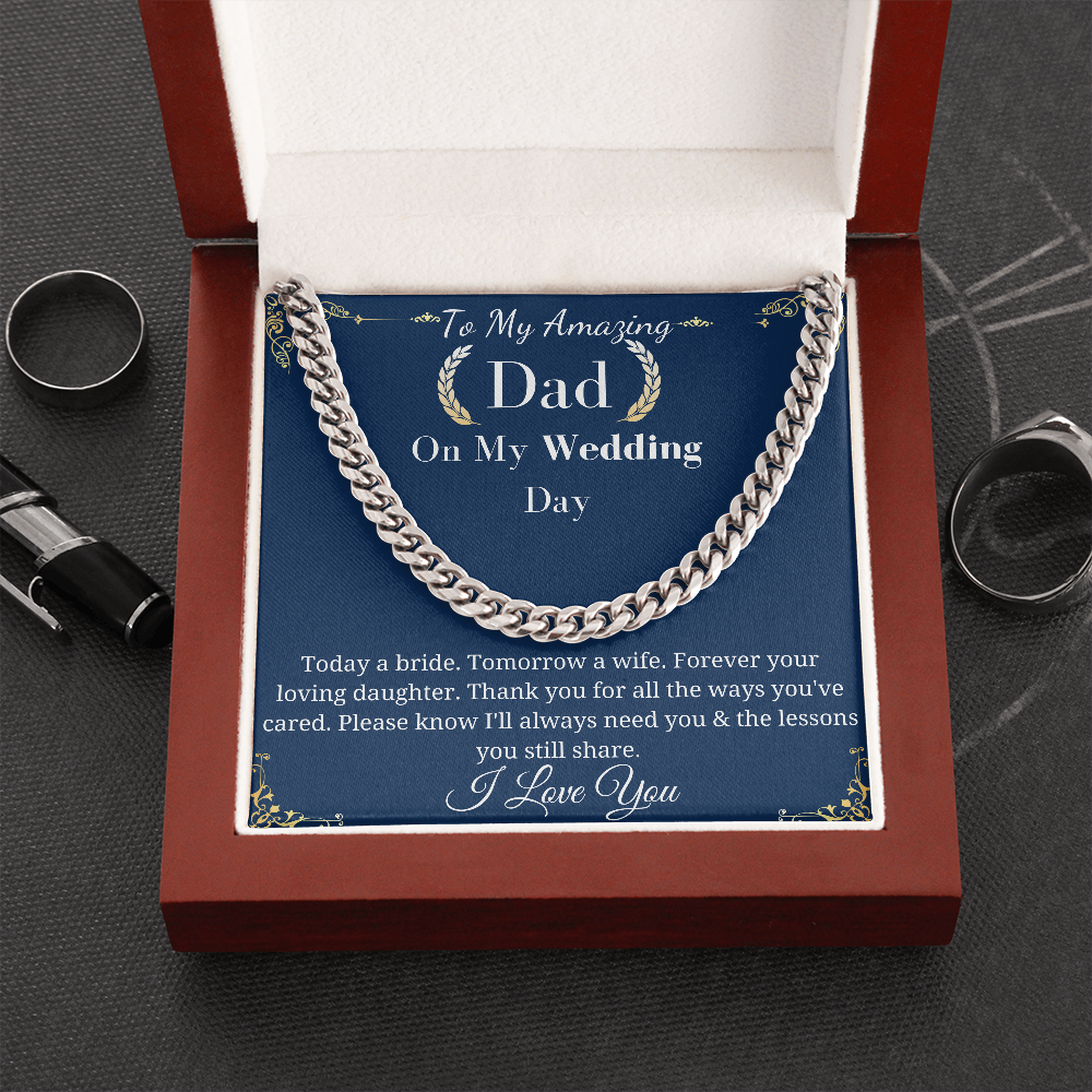 Father of the Bride Necklace Gift from Daughter, Wedding Day Gift for Dad Cuban Link Chain Necklace, Sentimental Keepsake, Bridal Party W001