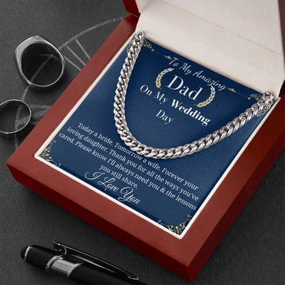 Father of the Bride Necklace Gift from Daughter, Wedding Day Gift for Dad Cuban Link Chain Necklace, Sentimental Keepsake, Bridal Party W001