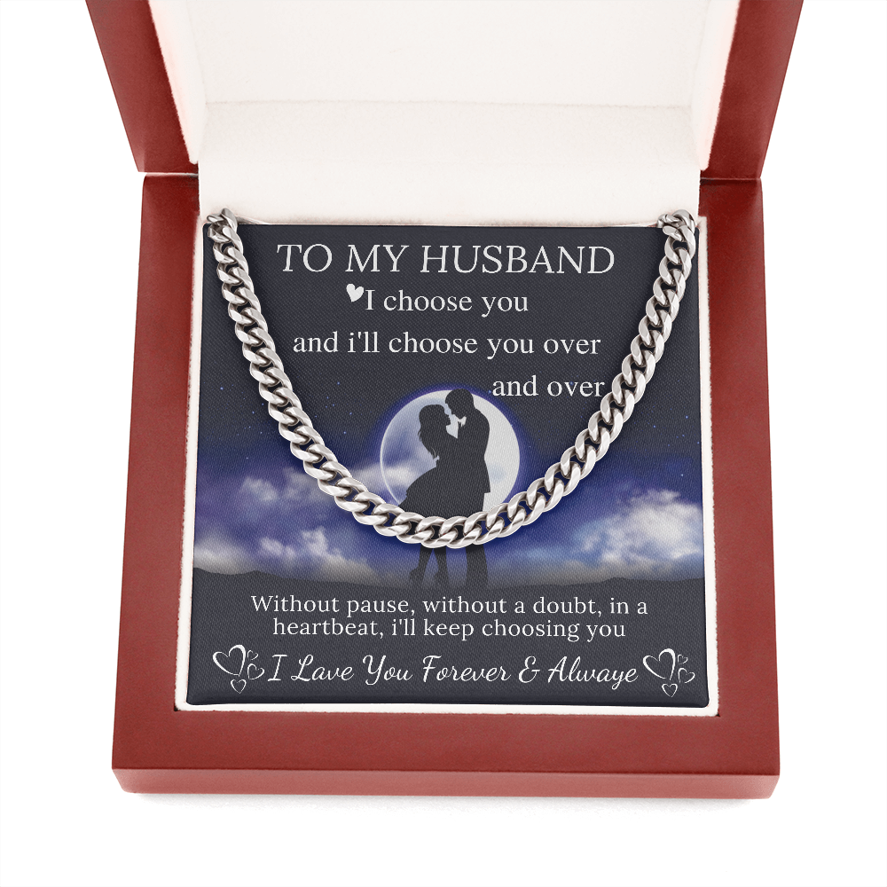 MJG Chain Necklace Gift For Husband Valentines Day Gifts For Him From Wife To My Husband Present 1st, 2nd, 10th Wedding Anniversary Chain Necklace with Message Card Stainless Steel with Mahogany Luxury Box