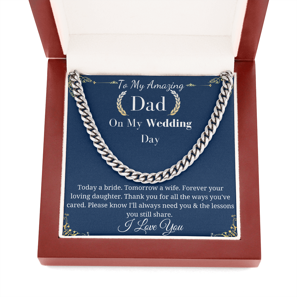 Father of the Bride Necklace Gift from Daughter, Wedding Day Gift for Dad Cuban Link Chain Necklace, Sentimental Keepsake, Bridal Party W001