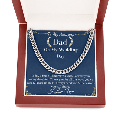 Father of the Bride Necklace Gift from Daughter, Wedding Day Gift for Dad Cuban Link Chain Necklace, Sentimental Keepsake, Bridal Party W001