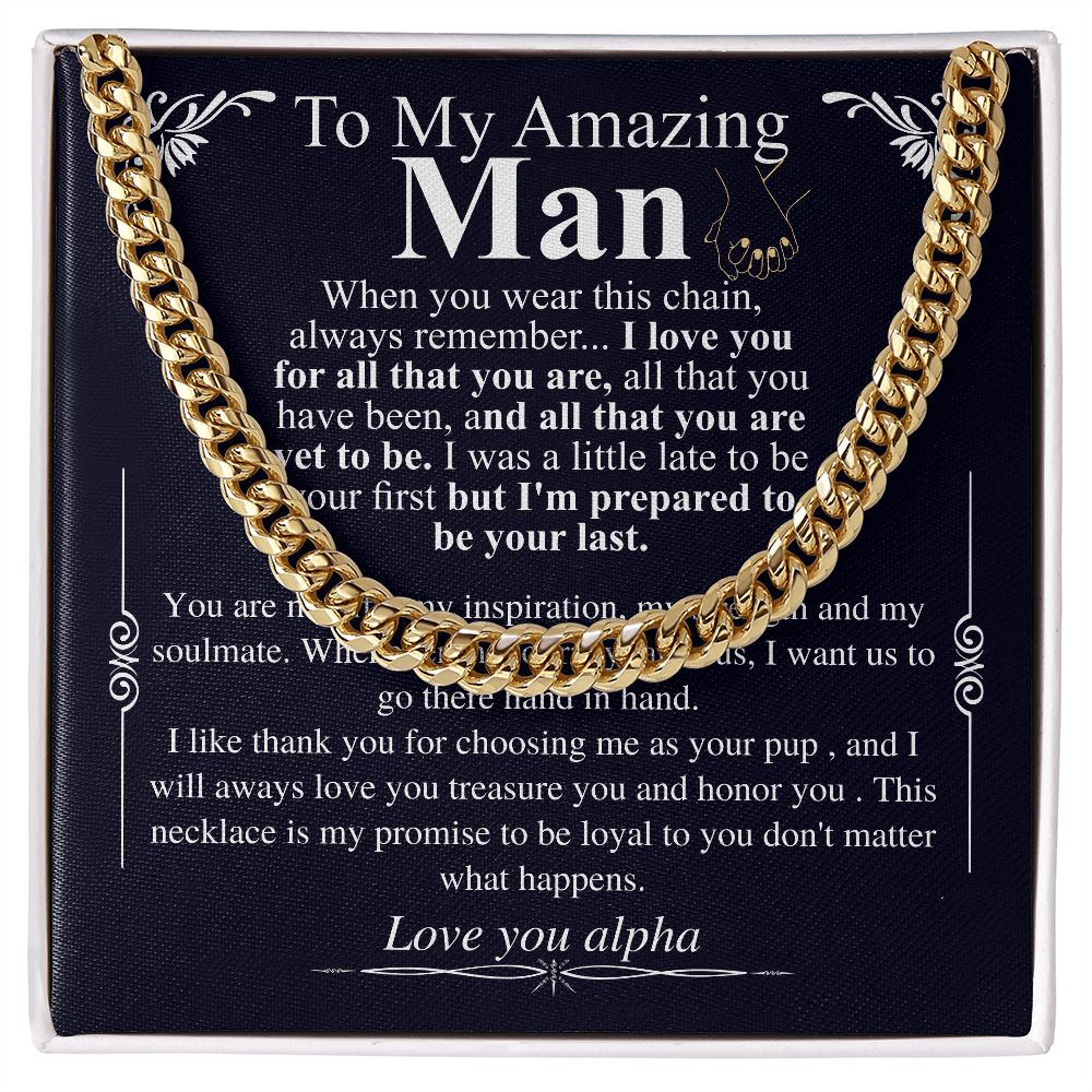 Gifts for Husband Boyfriend Curb Link Chain Necklace, Christmas Anniversary Birthday Gift To My Man, Couples Present Message Card Box alpha