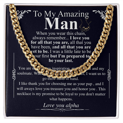 Gifts for Husband Boyfriend Curb Link Chain Necklace, Christmas Anniversary Birthday Gift To My Man, Couples Present Message Card Box alpha