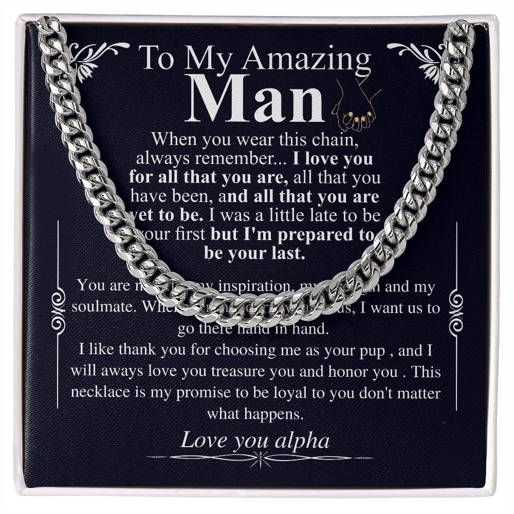Gifts for Husband Boyfriend Curb Link Chain Necklace, Christmas Anniversary Birthday Gift To My Man, Couples Present Message Card Box alpha
