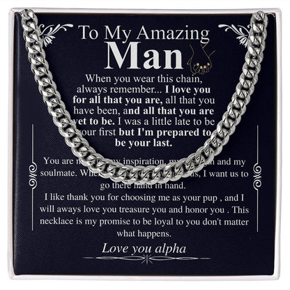 Gifts for Husband Boyfriend Curb Link Chain Necklace, Christmas Anniversary Birthday Gift To My Man, Couples Present Message Card Box alpha