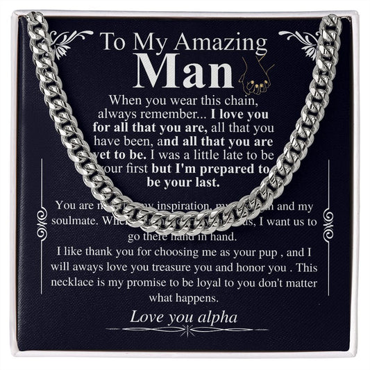 Gifts for Husband Boyfriend Curb Link Chain Necklace, Christmas Anniversary Birthday Gift To My Man, Couples Present Message Card Box alpha