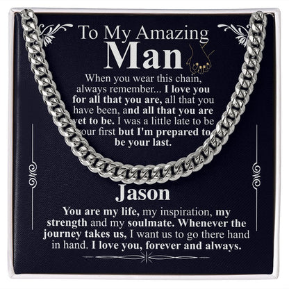 Gifts for Husband Boyfriend Curb Link Chain Necklace, Christmas Anniversary Birthday Gift To My Man, Couples Present Message Card Box Jason