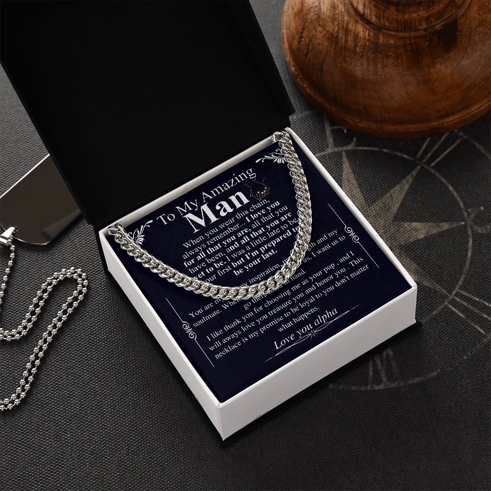 Gifts for Husband Boyfriend Curb Link Chain Necklace, Christmas Anniversary Birthday Gift To My Man, Couples Present Message Card Box alpha