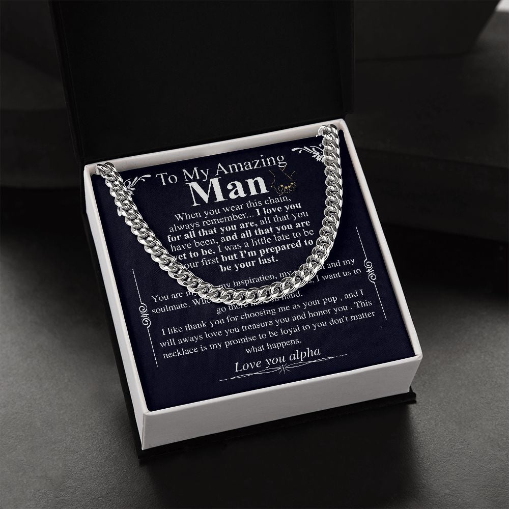 Gifts for Husband Boyfriend Curb Link Chain Necklace, Christmas Anniversary Birthday Gift To My Man, Couples Present Message Card Box alpha