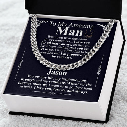 Gifts for Husband Boyfriend Curb Link Chain Necklace, Christmas Anniversary Birthday Gift To My Man, Couples Present Message Card Box Jason