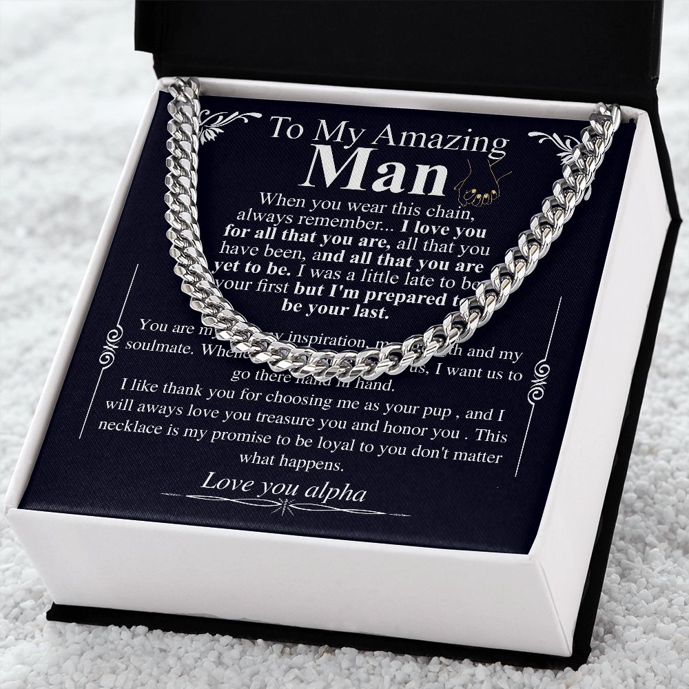 Gifts for Husband Boyfriend Curb Link Chain Necklace, Christmas Anniversary Birthday Gift To My Man, Couples Present Message Card Box alpha