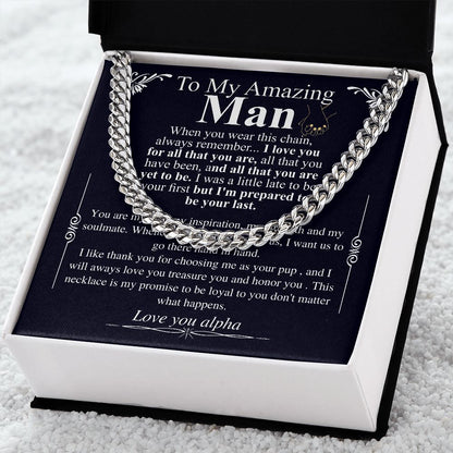 Gifts for Husband Boyfriend Curb Link Chain Necklace, Christmas Anniversary Birthday Gift To My Man, Couples Present Message Card Box alpha